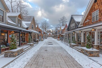 Obraz premium Snowy Street in a Row of Historic Buildings