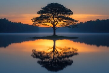 Solitary Tree Silhouetted on an Island at Sunset Reflected in a Calm Lake