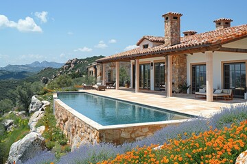 Stone Villa with Infinity Pool and Mountain View