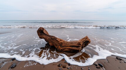 Soothing beach scene with balanced driftwood, evoking calmness and composure, copy space, deep focus covering all objects.