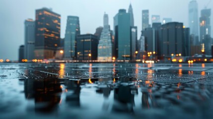 Fototapeta premium Calm cityscape in light rain promoting calmness with copy space and deep depth of field.