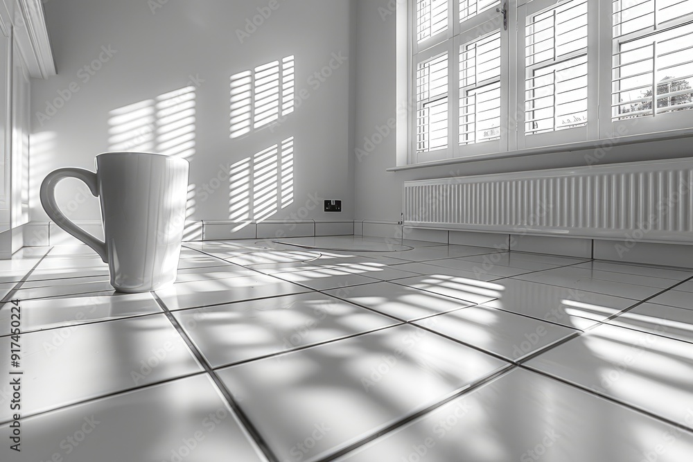 Poster white mug on tiled floor with window light and shadow patterns