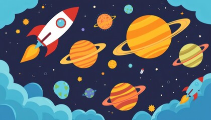 Space Rocket Illustration with Planets and Stars.