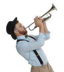 Handsome musician playing trumpet on white background © New Africa