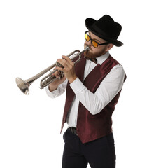 Handsome musician playing trumpet on white background