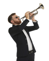 Handsome musician playing trumpet on white background