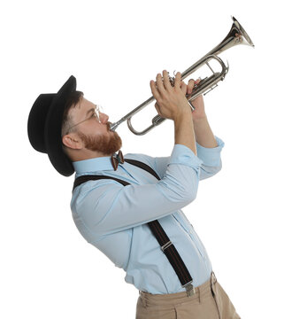 recommend clip art: Handsome musician playing trumpet on white background