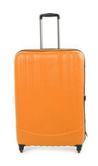 One closed orange suitcase isolated on white