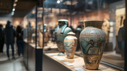Ancient artifacts exhibition with historical event, museum display, copy space, focus on all objects, deep depth of field.