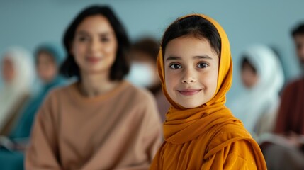 Heritage storytelling session for families, cultural tradition celebration with copy space, covering all objects, deep depth of field.