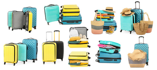 Set of different suitcases on white background