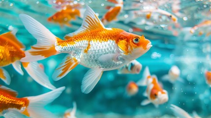 Aquatic animal race event in aquarium setting with copy space, focus on all objects, deep depth of field.