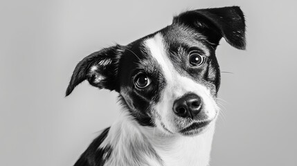 studio headshot portrait of black and white dog tilting head looking forward against a light gray background