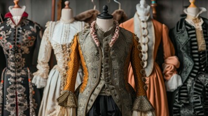 Historical costumes at cultural gala, fashion event with copy space, focusing on past attire, deep depth of field.