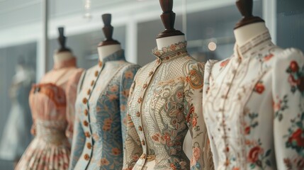 Obraz premium Historical fashion display at cultural event, showcasing past styles with copy space and deep depth of field.