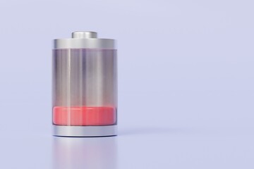 3d Battery status icon on isolated purple background. energy charging concept. Minimal Battery different color. full green battery tube. medium yellow battery tube. low red battery tube. 3d render.