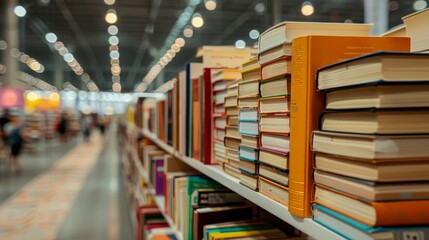 Literature festival event displaying writing style changes, book evolution, with copy space, covering all objects, deep depth of field.