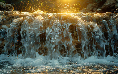 The sun sets behind a breathtaking waterfall, casting warm hues over the flowing water and surrounding scenery.