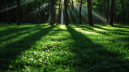 Obraz premium Soothing forest clearing bathed in light, quiet ambiance, copy space, focus on all objects, deep depth of field.