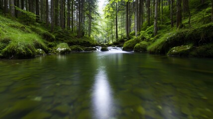 Soothing forest hideaway with quiet stream, deep depth of field, cover all objects, copy space.