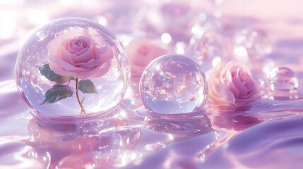 A Serene Arrangement of Roses Enclosed in Bubbles