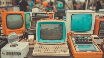 Vintage tech gadgets displayed at fair, past innovations, copy space, focus on objects, deep depth of field