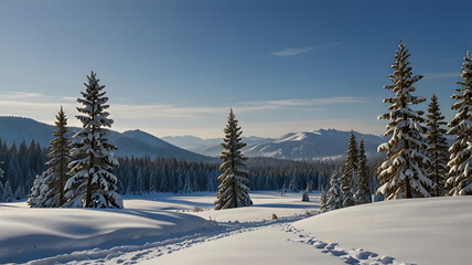 Fototapeta premium Snow-covered landscape, with tall pine trees and a clear blue sky, hd , high quality image 