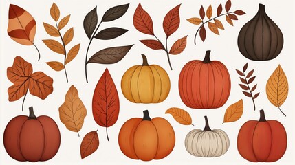 Hand-drawn watercolor autumn elements featuring pumpkins and leaves in fall colors