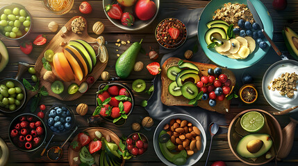 healthy food table top view featuring avocado toast, fresh fruits like strawberries and blueberries, bowls of yogurt with granola and nuts, directly above view, all arranged on a rustic wooden table.