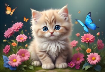 Funny little kitten with flowers and butterflies cute small fluffy magical kitten