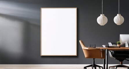 Diseño de interior de oficina moderna simple y minimalista de lujo con un cuadro con póster vacío en blanco 