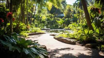 Lush botanical garden with vibrant foliage, tranquil scene, and flowing water.
