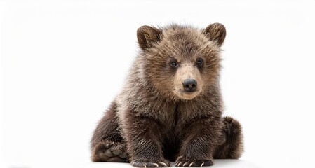Fototapeta premium Un oso grizzly extremadamente tierno pequeño Sentado en una esquina sobre un fondo aislado blanco 
