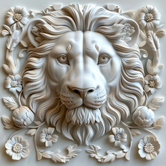 Obraz premium A sophisticated 3D bas-relief of a lion's face meticulously sculpted in white marble, highlighting the lion's regal features. Concept: power, elegance, art, sculpture. Business: luxury interior design