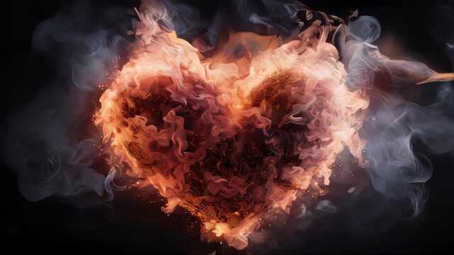 Abstract dark romantic love heart made of smoke and fire, Valentine's Day concept