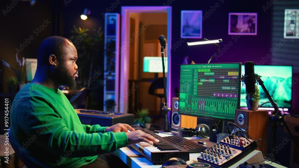 Aufkleber Sound engineer pressing keys of electronic synthesizer and composing new song, adjusting volume levels on pre amp knobs. Composer producing music on piano midi controller, mixing tunes. Camera B.