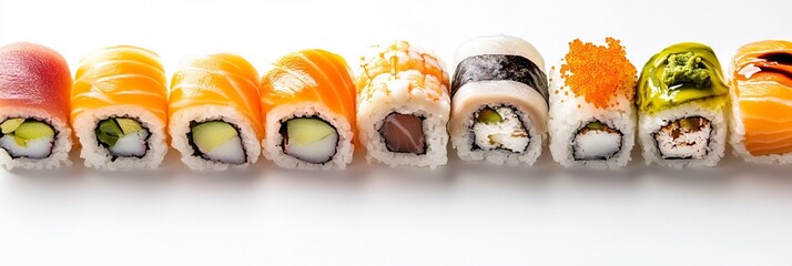 Delicious sushi rolls web banner, assorted fresh raw salmon, tuna, eel shrimp Japanese sushi rolls displayed or curated in a row isolated on white.