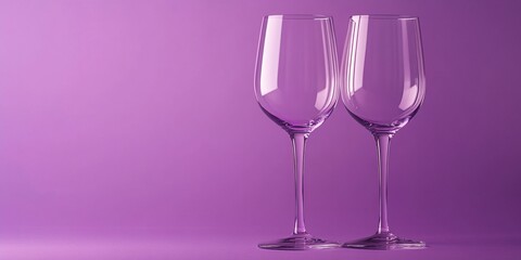 Close up of two decent empty shiny luxury wine glasses isolated on violet light backgrounds with copy space, modern trendy wine glassware on purple wallpaper.