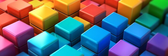 Obraz premium Abstract colorful Tetris game cubes 3d backgrounds, vivid colored mosaic shiny wallpaper, colorful web banner panorama.