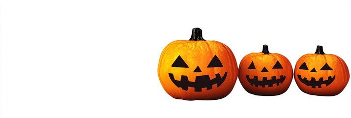 Halloween pumpkins jack o lanterns in a row isolated on white, 3d jack o lanterns web banner border frame, for cards, banner decoration.
