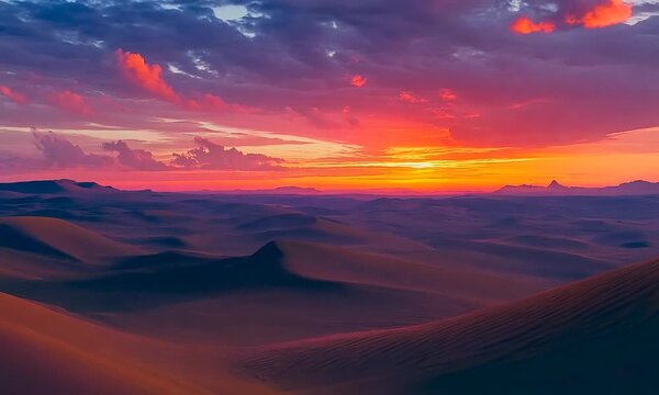 Desert sunset with warm reds and pinks against the sky 