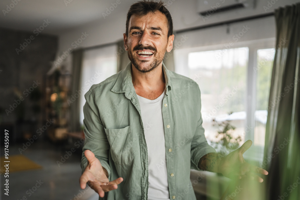 Sticker Portrait of adult man stand and smile at home