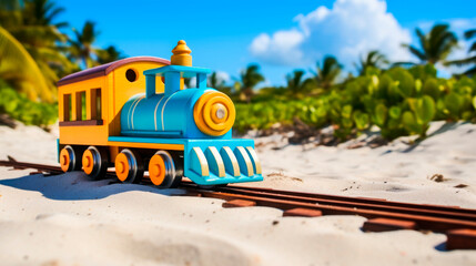 Wooden toy train on a sandy beach with palm trees, symbolizing logistics, transportation, and travel. Concept: adventure, vacation, transport. Business: travel industry, tourism. Relevant for travel 