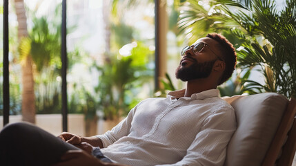 A man is sitting on a chair with his eyes closed and a smile on his face