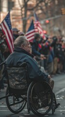 Obraz premium Powerful image of a wheelchair-bound veteran watching a Veterans Day parade, his face reflecting pride and nostalgia, set against a background of spectators clapping and waving flags.