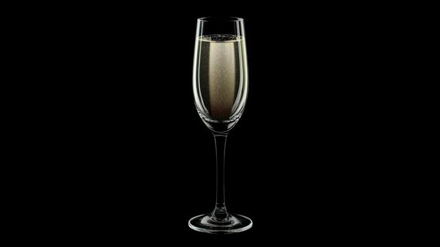 An elegant still glass of champagne with prosecco or sparkling white wine, smooth bubbling animation, isolated on black background, loopable footage