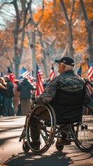 Powerful image of a wheelchair-bound veteran watching a Veterans Day parade, his face reflecting pride and nostalgia, set against a background of spectators clapping and waving flags.