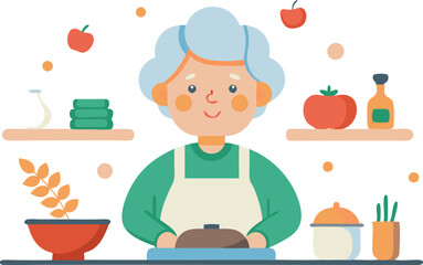 An elderly woman cooks in a cheerful kitchen filled with vegetables and cooking supplies.