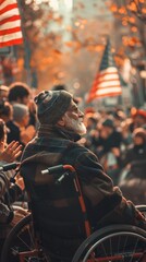 Powerful image of a wheelchair-bound veteran watching a Veterans Day parade, his face reflecting pride and nostalgia, set against a background of spectators clapping and waving flags.