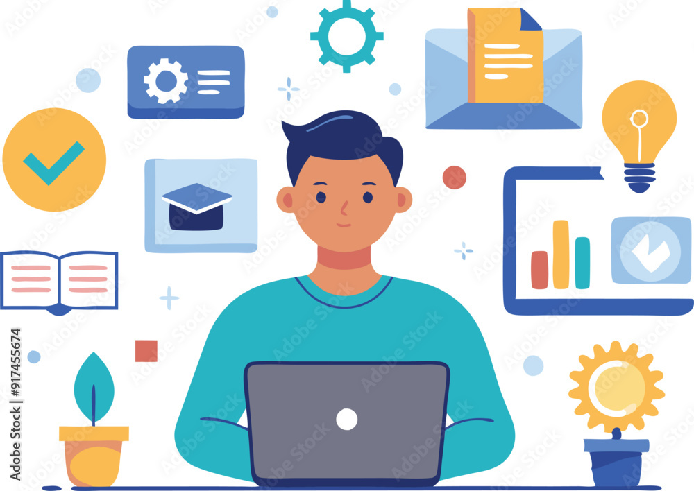Poster a focused student engages with a laptop while icons representing knowledge and learning surround him